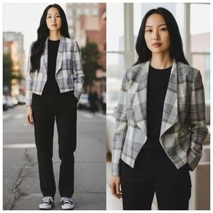 Katherine Kelly Plaid Neutral Crop Open Front Professional Blazer Jacket Size 6